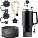 Accessories for Stanley Cup,2Pcs Silicone Flower Straw Cover Caps 10mm Glitter Black Straw Toppers,1Pcs Cute Handle Charm and 1Pcs Bling Silicone Boot Sleeve for Stanley 30&40oz Tumbler