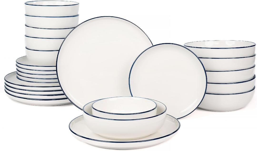 OTAGO 24-Piece Porcelain Dinnerware Set for 6, White Stoneware Plates and Bowls Sets, Ceramic Dish Set for Kitchen, Dinner & Dining, Blue Rim, Microwave & Dishwasher Safe