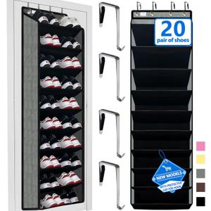 Shoe Organizer,70 Pounds Large Capacity,20-30-Pair Over The Door Shoe Organizer,10 Tiers Shoe Rack for Closet,New Upgrade Anti-Scratch Heavy Duty Hook and Bamboo Material Baffle,Grey/Black