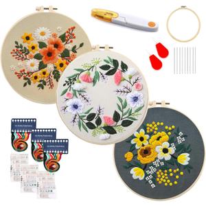 Maydear 3 Sets Embroidery kit for Beginners Adults,Embroidery Kit Punch Needle Kit Cross Stitch Kits with Embroidery Hoop and Instructions,Hand Embroidery Starter Kit (Small Flowers) (gray)