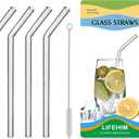 Shatter Resistant Borosilicate Glass Straws, Dishwasher Safe - 9 Inch Bent Reusable Straws 8mm with Cleaning Brush, Fits 12-20oz Cups for Iced Coffee & Cocktails, BPA Free (Clear)