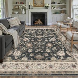 HUGEAR Area Rug 8x10 Vintage Black Machine Washable Living Room Rugs Distressed Retro Floral Vacuumable Low Pile Carpet Bedroom Office Dining Farmhouse Playroom Non Slip