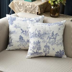 Rustic Throw Pillow Covers Set of 2 Classic French Village Printed Linen Fabric Decorative Pillow Cases Square Cushion Case for Livingroom Sofa Couch Bedroom Decor 18x18 Inch
