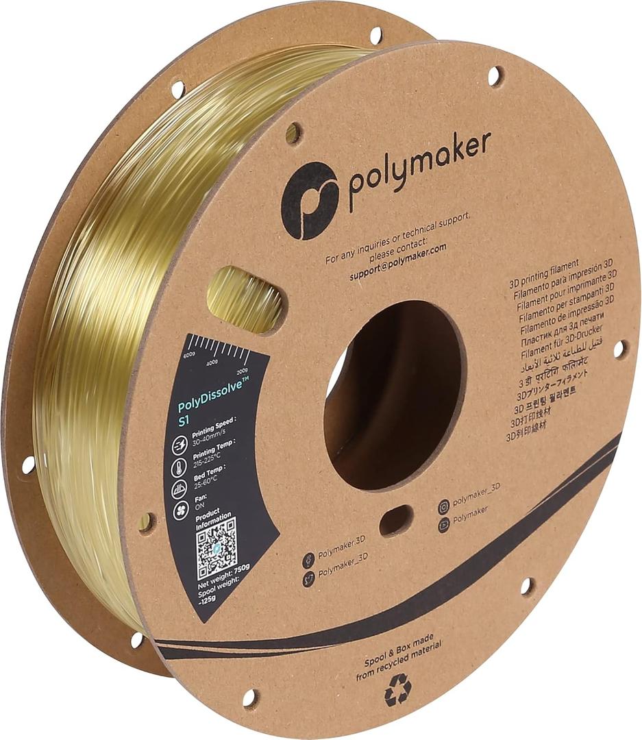 Polymaker PolyDissolve S1 PVA Filament, 1.75mm, 750g, Water Soluble Support for PLA/TPU/PVB/Nylon 3D Printer Filament