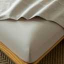 MooMee Fitted Bottom Sheet Only 100% Washed Cotton Linen Like Textured Breathable Durable Soft Comfy Deep Pocket Fits Mattress up to 17" (Cream Grey, Queen)