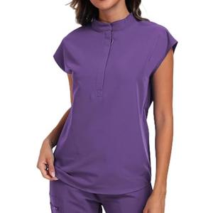 VECARDI Women's Scrub Top 4 Way Stretch Shirts Zipper Up Work Blouse Short Sleeves Top with Two Pockets