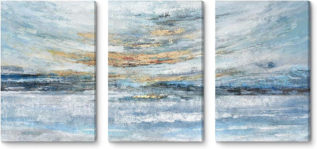 Abstract Canvas Wall Art for Bedroom 3 Piece Ocean Painting Coastal Theme Artwork Blue and Yellow Sunset & Sunrise on the Beach Seascape Picture for Bathroom Living Room Light 12x16inchx3 panel (Blue Abstract Wall Art)