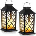 2 Pack Solar Hollow Lanterns Outdoor, Waterproof Patio Hanging Lanterns with LED Flickering Flameless Candle Lights, Decorative Solar Lantern for Porch, Garden, Patio, Yard, Table