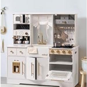 ROBUD Wooden Play Kitchen Set for Kids and Toddlers with Coffee Machine, Ice Maker, Microwave, Oven, Large Cabinet, 12 Accessories, Gift for 3+, White