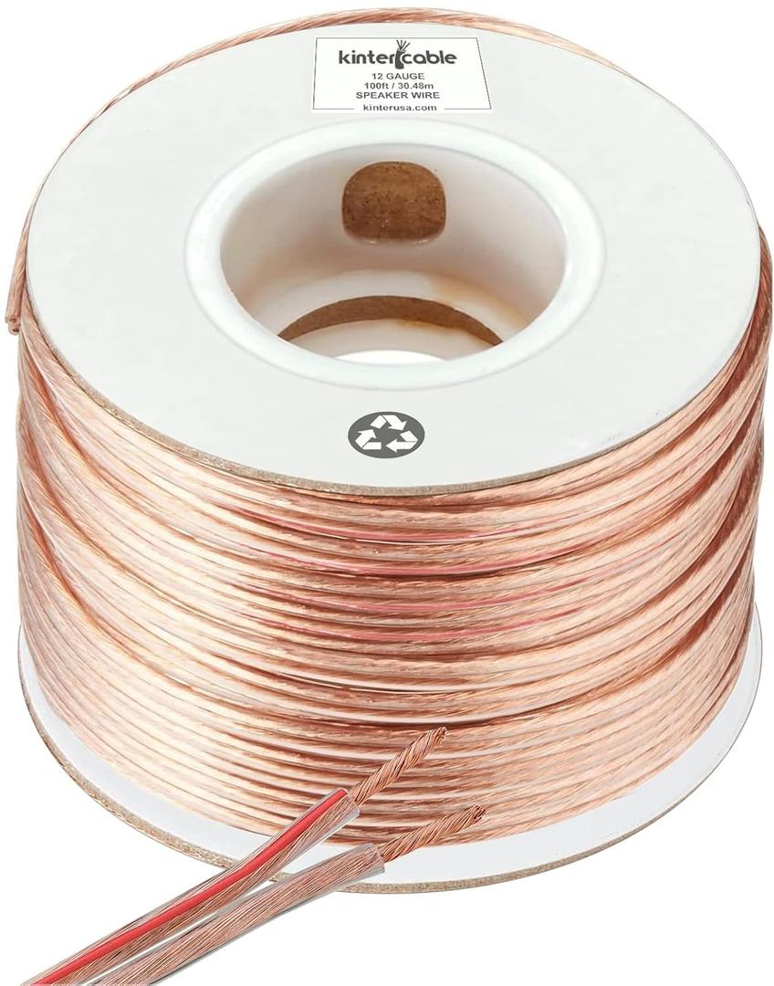 Kinter Cable 100ft 12-Gauge Audio Stereo Speaker Wire 30.48 Meters 2 Conductor Polarity Marked Clear PVC, CCA, Spool in Box, for Home Theater, HiFi, Surround, Car Audio, 105 High Strand Count (.2 OD)