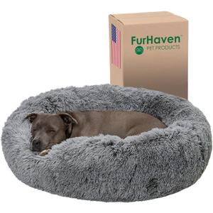 Furhaven 36" Round Calming Donut Dog Bed for Large/Medium Dogs, Refillable w/ Removable Washable Cover, For Dogs Up to 75 lbs - Shaggy Plush Long Faux Fur Donut Bed - Gray, Large