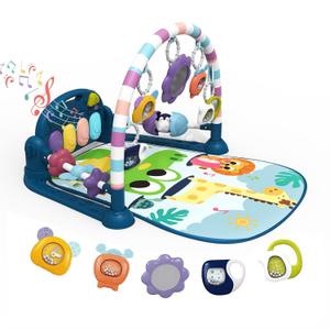 dearlomum Baby Play Mat Gym, Funny Play Piano Tummy Time Activity Mat with 5 Infant Sensory Toys, Music and Lights, Boy & Girl Gifts for Newborns 0 to 3 6 9 12 MonthsNew Blue