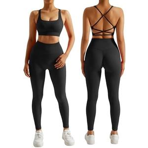 RXRXCOCO Ribbed Workout Sets for Women 2 Piece Backless Strappy Sports Bra Seamless Leggings Matching Set Yoga Outfits Size Small 