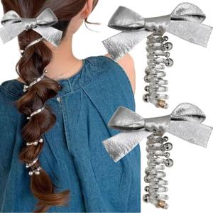 TECHPLUS 2 PCS Spiraled Telephone Wire Hair Bands Silver Ribbon Bowknot, Braided Headbands Ponytail Holders, Elastic Coils Hair Accessories for Women Girls