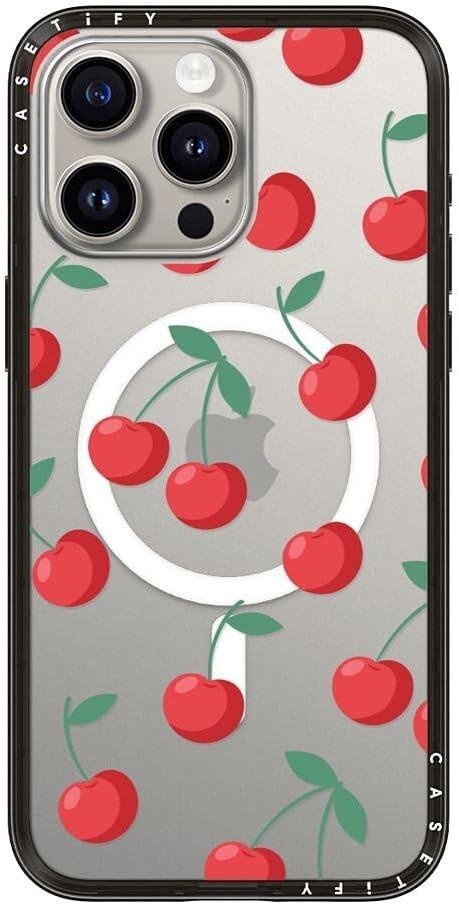 CASETiFY Compact iPhone 15 Pro Max Case [Slim and Sleek/Compatible with Magsafe / 4 ft. 2X Military Grade Drop Protection] - Cherries - Clear Black