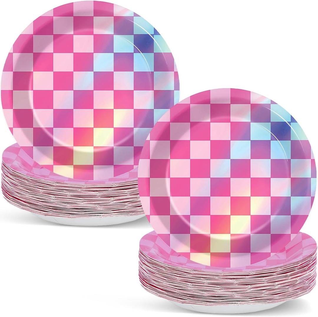 50PCS Pink and Iridescent Checkered Party Plates for Iridescent Party Decorations 7 Inches Laser Round Paper Plates Foil Dessert Plate for Girl Birthday Wedding Baby Shower Parties Supplies