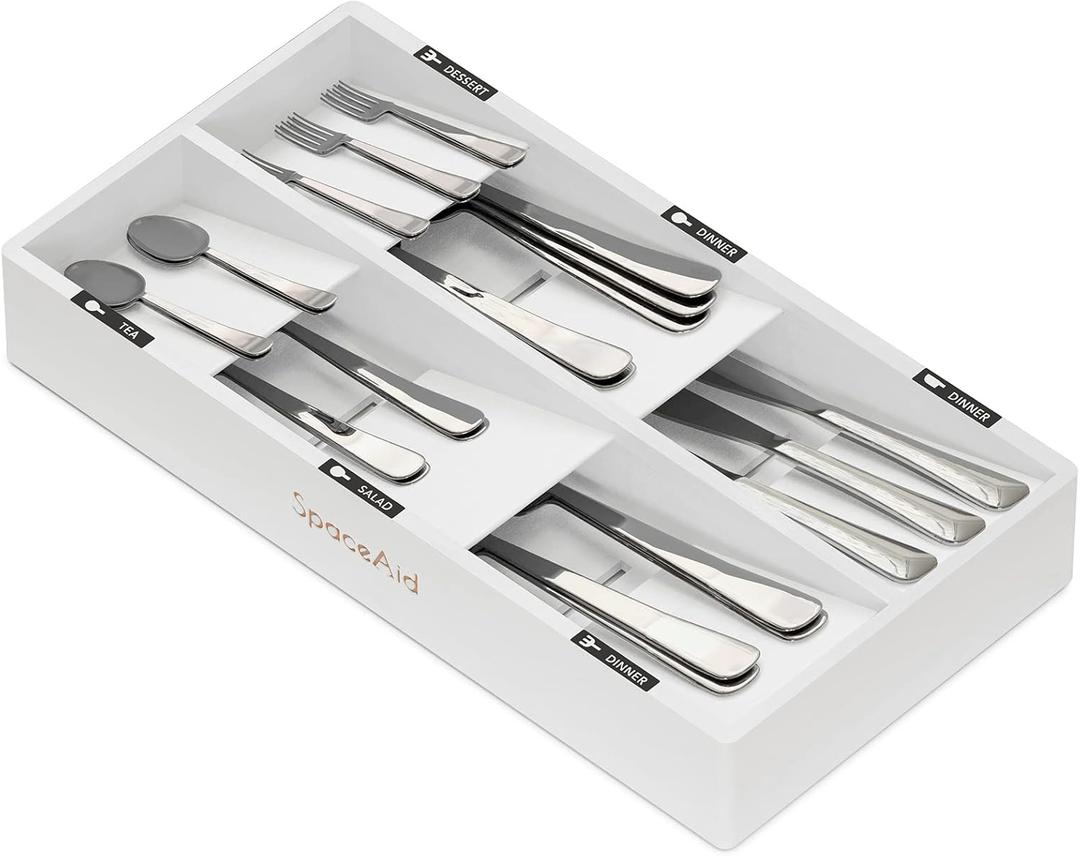 SpaceAid Bamboo Silverware Drawer Organizer with Labels, Kitchen Utensil Tray Holder Organizer for Flatware, Cutlery, Spoon and Knives Drawer Storage Organization (White, 6 Slots)
