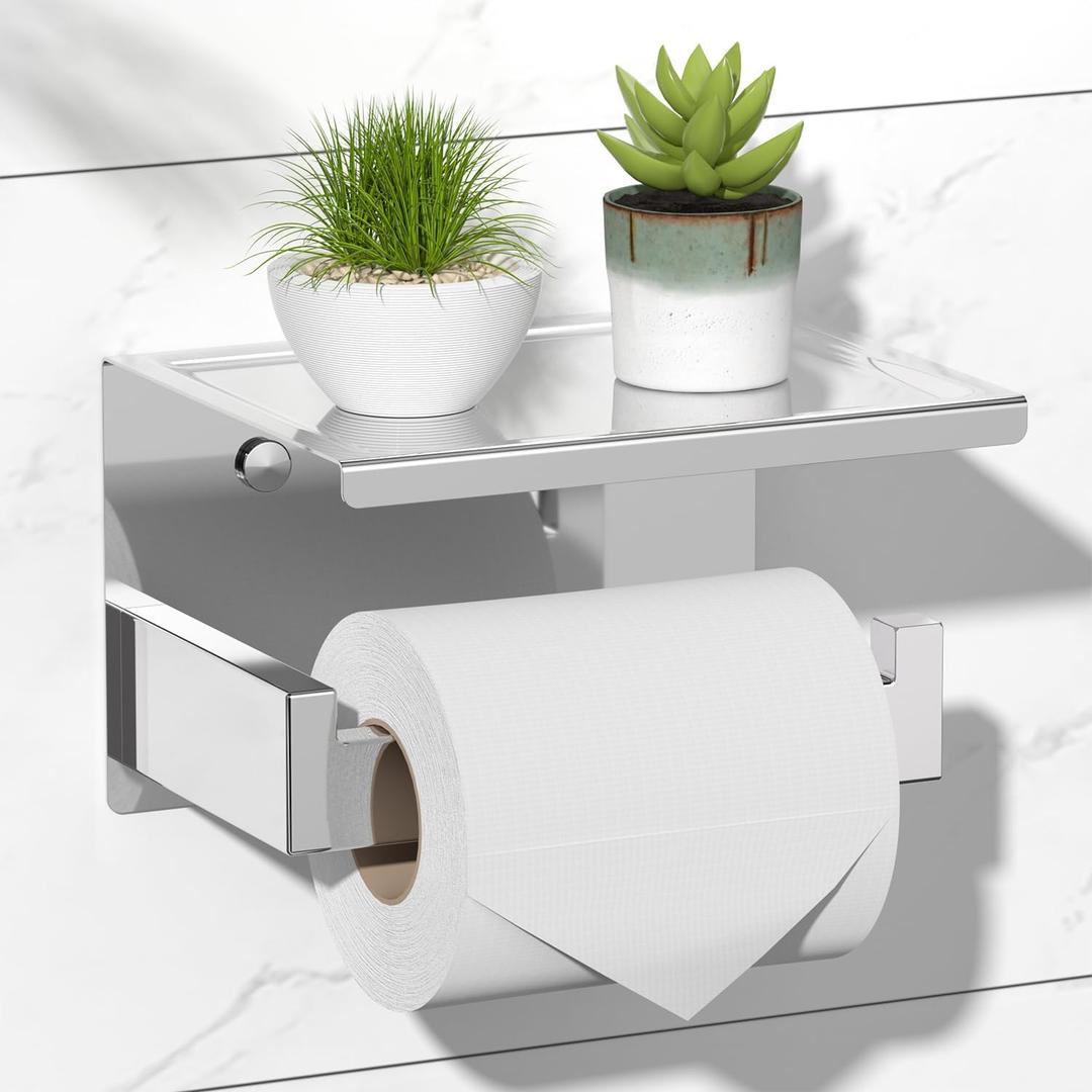 HITSLAM Toilet Paper Holder with Shelf, Stick on Chrome Tissue Roll Holder Self Adhesive or Wall-Mount with Storage Shelf for Bathroom (Chrome With Shelf)