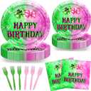 Avezano 96 PCS Pink and Green Party Decorations Witch Bow Plates Tableware Girls Women Witch and Princess Birthday Party Supplies, Serves 24