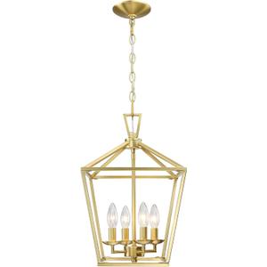 Untrammelife Gold Lantern Chandelier 4-Light Pendant Light Modern Hanging Pendant Light Fixtures in Brushed Brass Finish, Adjustable Metal Chain Geometric Chandelier for Kitchen Island Stair Foyer
