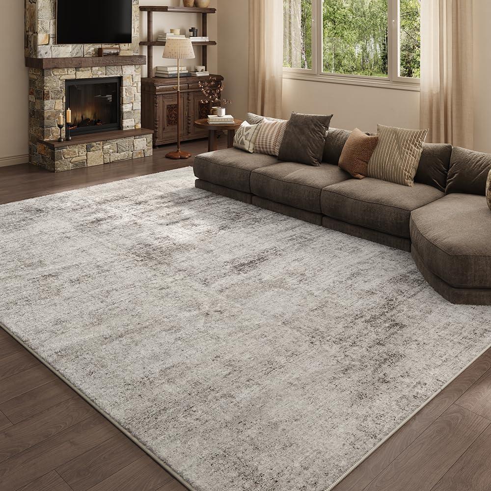 Area Rug 9x12 Washable Rug Beige for Living Room, Dining Room, Bedroom, Large Carpets, Non Slip & Non-Shedding Low Pile Vintage Print Rug for Home Office Decor