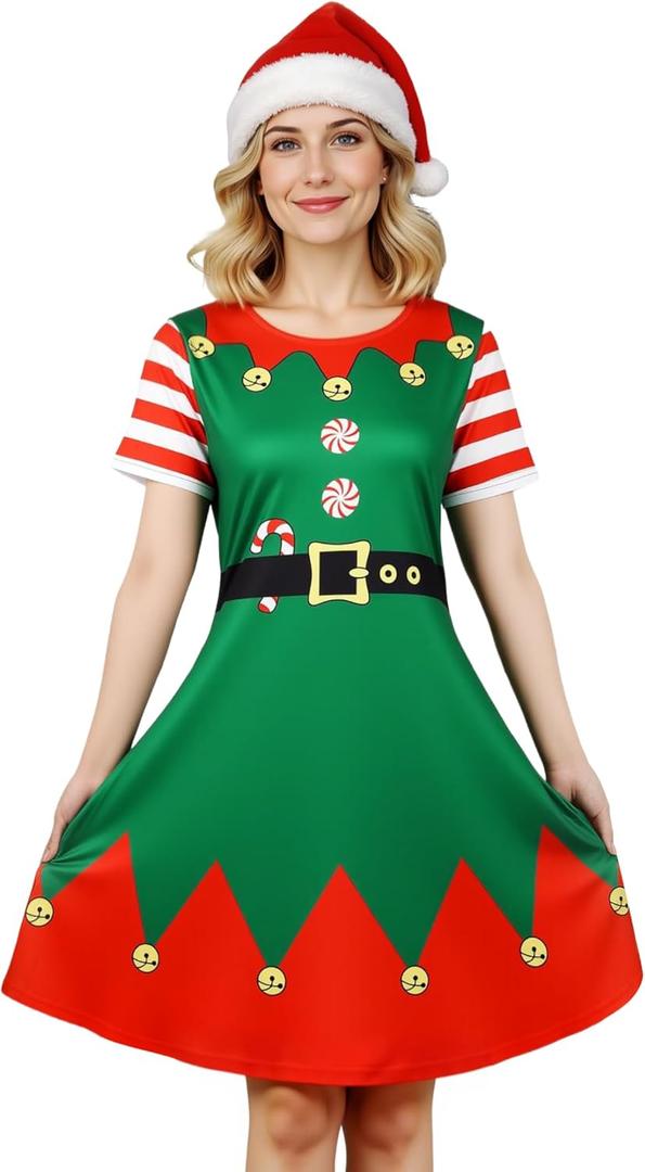 Women's Christmas Printed Tunic Dress Long Sleeve Crewneck Casual Costume Bodycon Dresses S-XXL (Medium, Bell Elf)