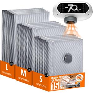 Travel Vacuum Bags with Wireless Pump, 15 Pack Vacuum Storage Bags with Powerful -70KPa Suction, for Maximum Compression in Luggage, Travel and Home Use for Clothes and Blankets.