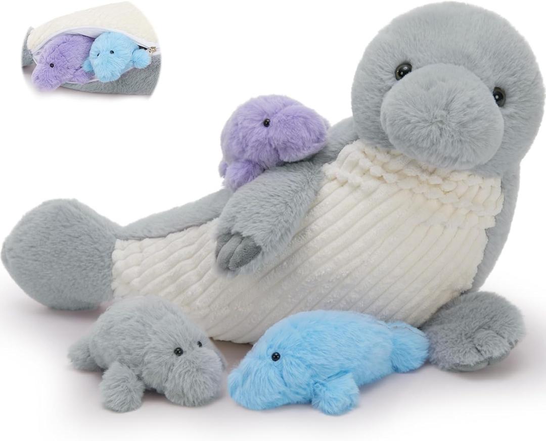 MorisMos 4Pcs Manatee Plush with Baby Inside, 19 Inch Soft Manatee Stuffed Animal Set, Cute Stuffed Manatee Plush Toys, Sea Cow Ocean Toy for Kids Girls Boys Birthday Christmas