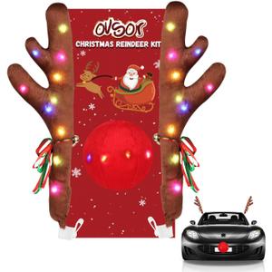Christmas Reindeer Car Kit - Antlers & Nose for Decorations, Sturdy Rudolph Reindeer with LED, Jingle Bells, Car Reindeer Antlers for Any Vehicle Decorations (16 inches)