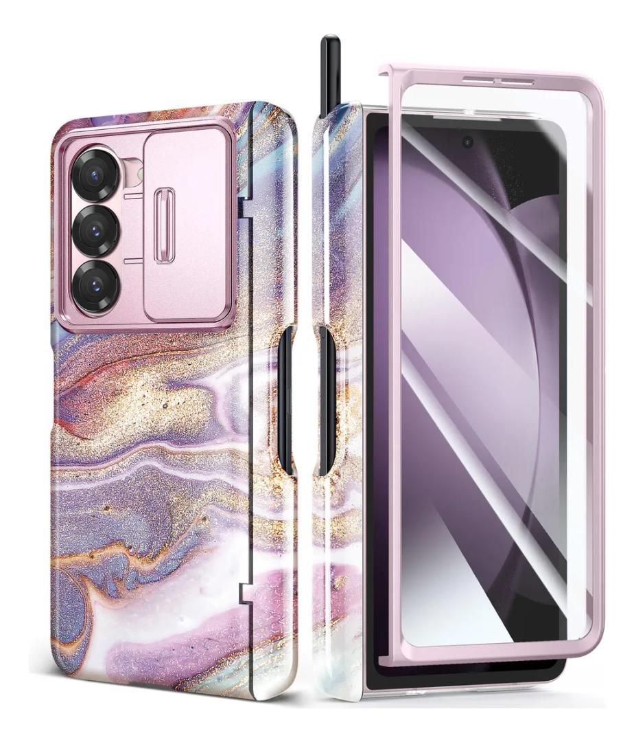 GVIEWIN for Samsung Galaxy Z Fold 6 Case with S Pen Holder, [Slide Camera Cover & Screen Protector], Rugged Hinge Protection Shockproof Protective Marble Phone Case for Z Fold 6 (Flowing Sakura/ Pink)