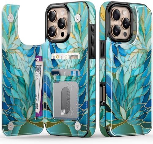FUNMIKO for iPhone 16 Pro Wallet Case with Card Holder, RFID-Blocking, Military-Grade Protection & UV-Printed Artwork, Magnetic Closure with Leather Kickstand - Sleek Cyan Leaf