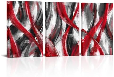 Visual Art Decor Red Abstract Geometric Wall Art Red Lines Painting, Framed Canvas Wall Art 16x24 inch x 3 Pieces