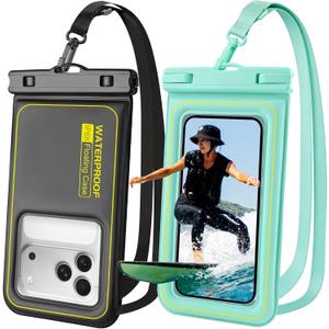 Floating Waterproof Phone Pouch 2 Pack, IP68 Waterproof Phone Case, Up to 8.3" Dry Bag for iPhone 17 16 15 14 Pro Max Samsung S25 Ultra S24 S23, Kayak/Beach/Cruise Travel Essentials - Black+Green