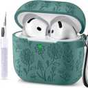 for Airpods 4 Case, DaQin Flower Engraved Case Compatible with Apple Airpods 4th Generation Cases for Women, Cute Soft Silicone Full Protective Cases Cover with Cleaner Kit & Keychain, Pine Green