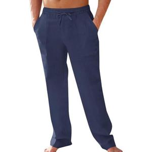 L PASLTER Men's Cotton Linen Pants Elastic Waist Drawstring Casual Trouser Lightweight Straight-Legs Loose Beach Yoga Pants