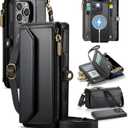 Strapurs for iPhone 15 Pro Max Detachable Wallet Case Compatible with Magsafe, RFID Blocking 9-Card Holder Zipper Strap Lanyard PU Leather Magnetic Phone Case for iPhone 15 Pro Max 6.7", Black