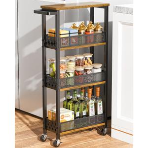 Giwil 4-Tier Slim Rolling Storage Cart for Kitchen Bathroom Organizer, Mobile Narrow Storage Cabinet Utility Cart with Wood Rack on Wheels for Pantry Laundry Small Space (Brown/Net Bar)