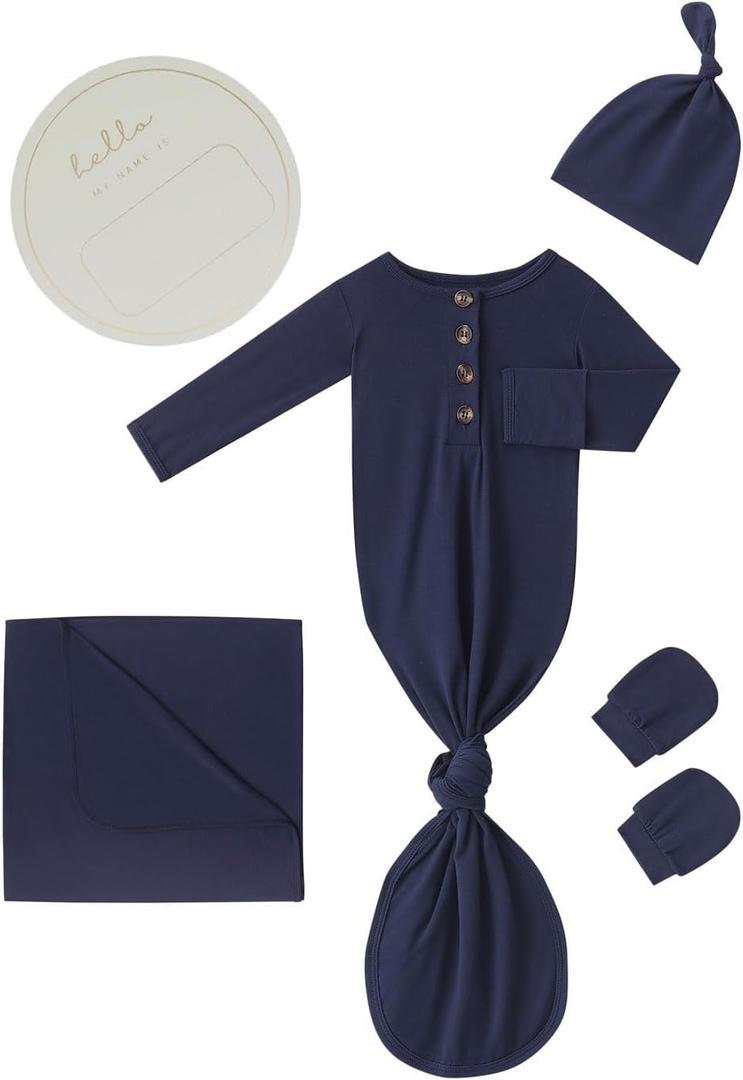 Newborn Baby Swaddle Blanket Set with Baby Knotted Gown, Mittens, Hat - Bamboo Viscose Receiving Blanket Bundle (Navy)