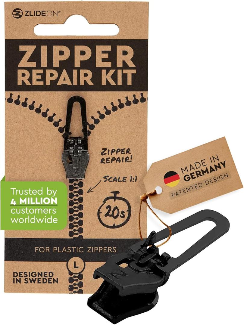 Zlideon Zipper Repair Kit for Plastic Zippers - 1pcs, Black (L/5) | Instant Zipper Pull Replacement Slider for Kids Clothing, Sportswear, Duvet Covers, Backpacks | Easy to Install | Made in Germany