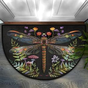 Half Round Doormat Animal Dragonfly Boho Washable Semi Circle Mat Non Slip Absorbent Half Moon Rugs for Indoor Outdoor Entrance Kitchen Bathroom Bedroom Patio Fireplace Floor Carpet Decor