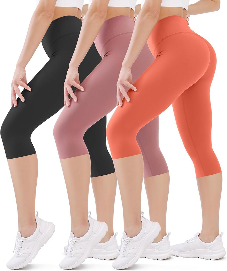 FEYHAY 3 Pack Capri Leggings for Women - High Waisted Yoga Pants with Pockets, Buttery Soft Stretchy Workout Running Cycling (Small-Medium, Black/Pink/Orange Red)
