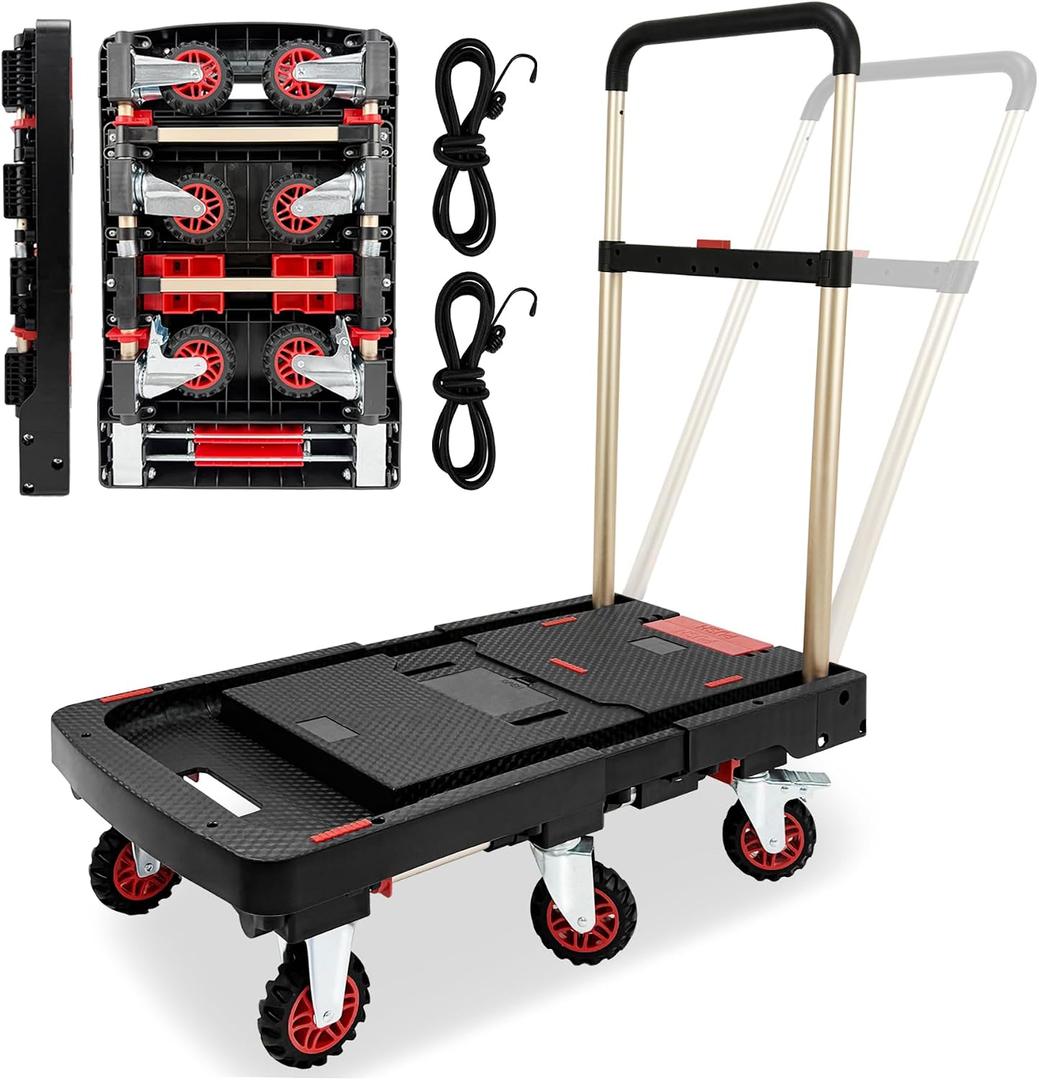 Folding Platform Truck, 600lbs Capacity Flatbed Dolly with Expandable Deck