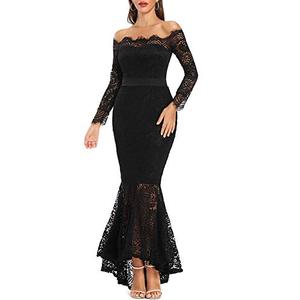LALAGEN Women's Floral Lace Long Sleeve Off Shoulder Wedding Mermaid Dress Eyelash, Size Large, Black