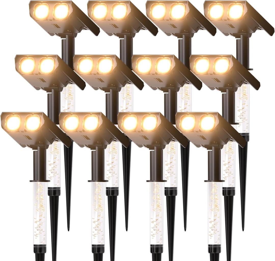 Solar Lights Outdoor Waterproof IP65Outside Solar Landscape Spotlight with Ambient Light Column and Adjustable Aperture for Garden Yard Pathway Lawn2 IN 1 Can Used as Wall LampWarm White- 12 Pack