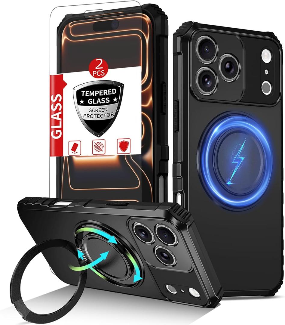 IYTRRYH for iPhone 17 Pro Case Compatible with MagSafe Wireless Charging Magnetic, with 2 Screen Protectors, Built-in 360Kickstand Ring, Military Grade Drop Shockproof Phone Heavy Duty Protection Black