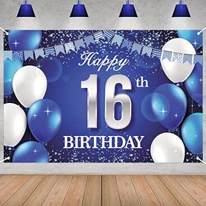4 x 6ft Happy 16th Birthday Party Decorations Banner Blue and Silver - Cheers to 16 Years Anniversary Photo Booth Backdrop party Supplies for Girls and Boys