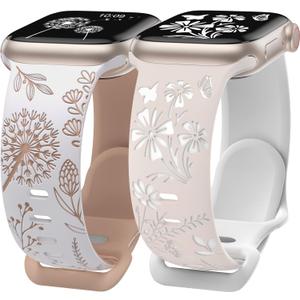 Wearlizer Pack of 2 Floral Engraved Band Compatible with Apple Watch Bands 41mm 40mm 38mm 49mm 45mm 44mm 42mm Women, Cute Two-Tone Soft Silicone Sport Strap for iWatch 10 9 8 7 6 5 4 3 2 1 SE Ultra 2 (White/Nude + Starlight/White)