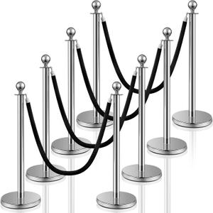 Ferraycle 8 Pcs Crowd Control Stanchions and Velvet Ropes 5 ft Poles Silver Crowd Control Barriers Black Ropes Stainless Steel Stanchions Post for Party Supplies