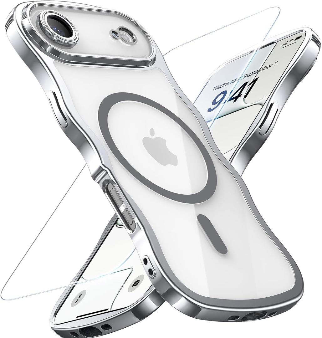 for iPhone Air Case: [Cute Wave Frame][Fit for MagSafe] Military Drop Shockproof Protection, Camera Protective, Glossy Slim Magnetic Wavy Phone Cover for Women Girls 6.5'', Clear/Sliver (Silver)