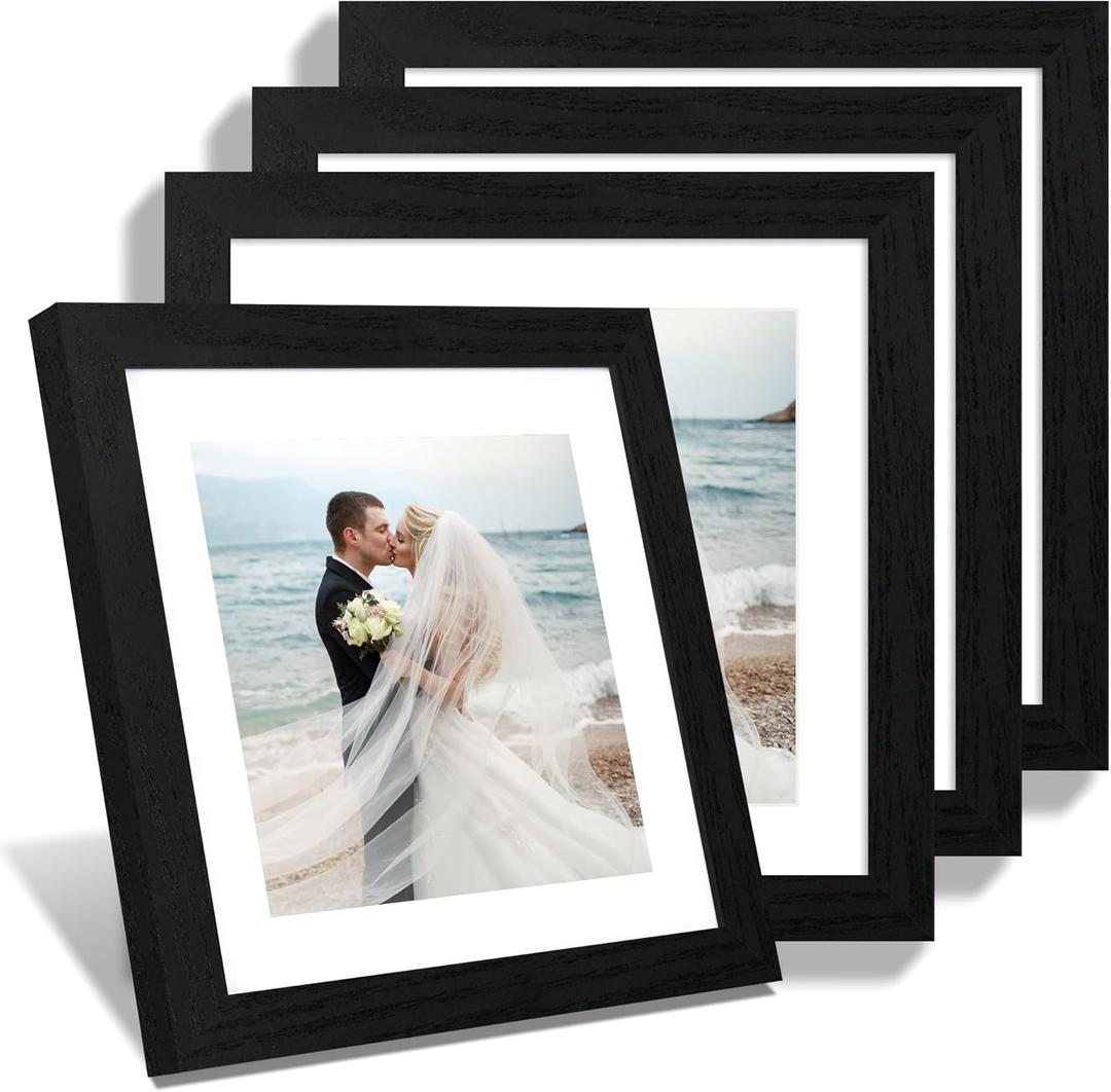 iRahmen 10x10 Picture Frame Set of 4 with HD Glass, Black Frames Display 8x8 Picture with Mat or 10 x 10 Without Mat, Wooden Photo Frames for Tabletop Display and Wall Mounting
